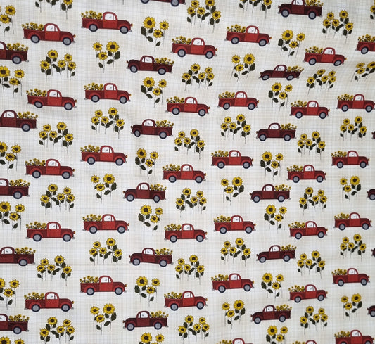 Red Ute with sunflowers Fabric